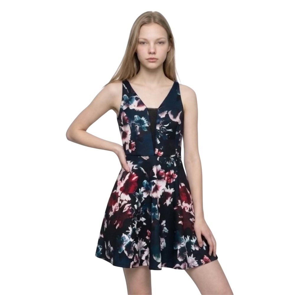 Soprano‎ Floral V-Neck Fit and Flare Dress Navy Pink Mesh Inset Sleeveless